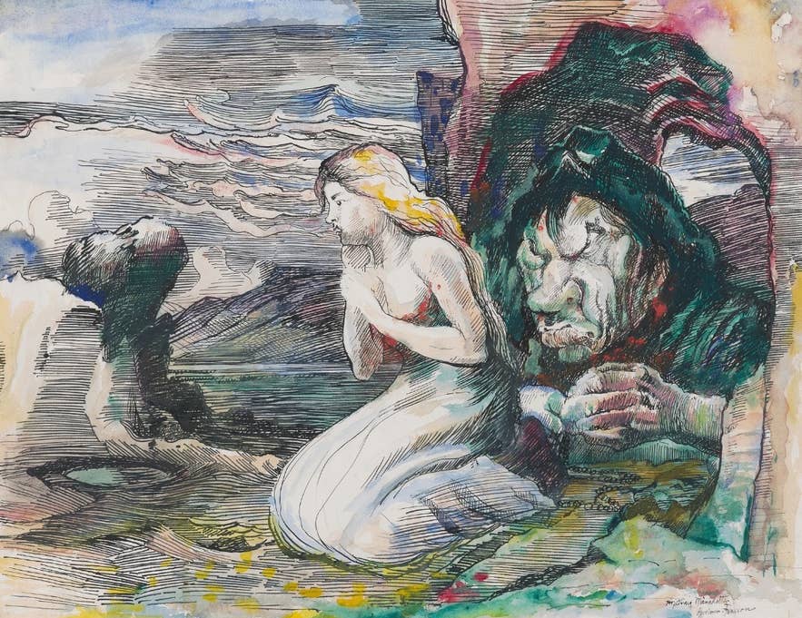 Colorful Icelandic folklore illustration of Mjaðveig Mánadóttir and her troll stepmother, 1957–1958, by Ásgrímur Jónsson. From the National Gallery of Iceland. Colorful Icelandic folklore illustration of Mjaðveig Mánadóttir and her troll stepmother, 1957–1958, by Ásgrímur Jónsson. From the National Gallery of Iceland.
