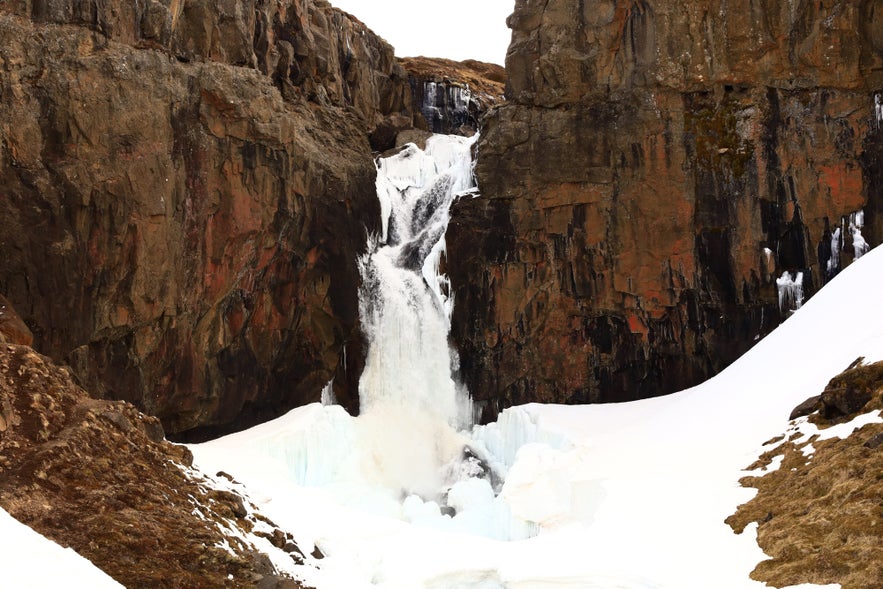 Fardagafoss freezes during the winter