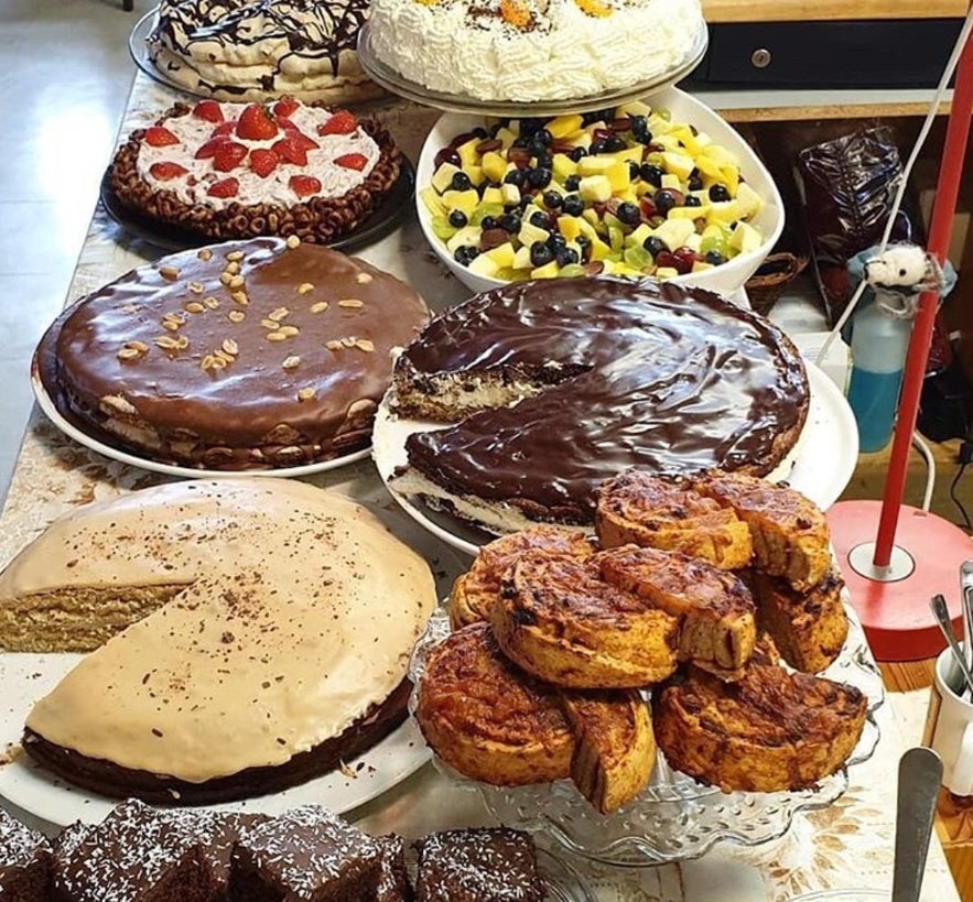 Dig into the cake buffet at the book cafe in Egilsstadir