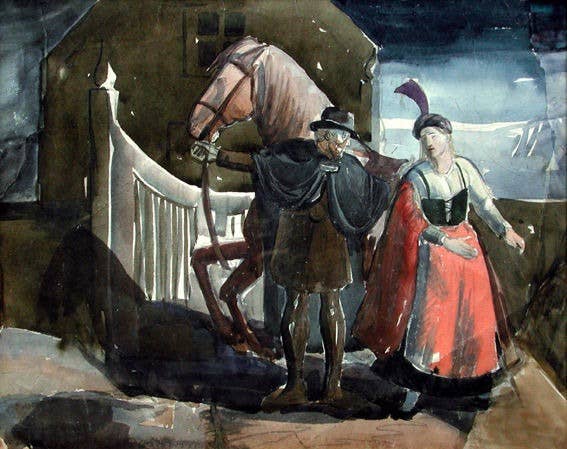 Watercolor painting of the Icelandic ghost story "The Deacon of Myrka" ("Djákninn á Myrká"), depicting a ghostly man escorting a woman with a horse, painted by Ásgrímur Jónsson between 1916 and 1918. Watercolor painting of the Icelandic ghost story "The Deacon of Myrka" ("Djákninn á Myrká"), depicting a ghostly man escorting a woman with a horse, painted by Ásgrímur Jónsson between 1916 and 1918.