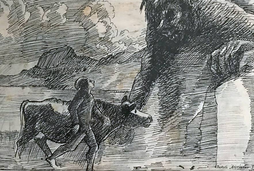 1949 illustration of the Icelandic folktale “Búkolla” by Ásgrímur Jónsson, showing a boy and cow facing a giant. From Árnessýsla Art Museum / National Gallery of Iceland. 1949 illustration of the Icelandic folktale “Búkolla” by Ásgrímur Jónsson, showing a boy and cow facing a giant. From Árnessýsla Art Museum / National Gallery of Iceland.