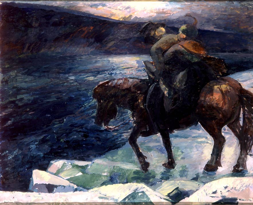 Painting titled "Djákninn á Myrká" (1931) by Ásgrímur Jónsson, depicting a ghostly rider and woman crossing icy waters on horseback, based on Icelandic folklore. Painting titled "Djákninn á Myrká" (1931) by Ásgrímur Jónsson, depicting a ghostly rider and woman crossing icy waters on horseback, based on Icelandic folklore.