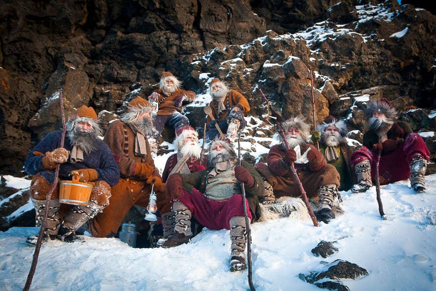 Icelandic Yule Lads dressed in traditional costumes, sitting in the snow-covered mountains during winter, part of Iceland’s unique Christmas folklore. Icelandic Yule Lads dressed in traditional costumes, sitting in the snow-covered mountains during winter, part of Iceland’s unique Christmas folklore.