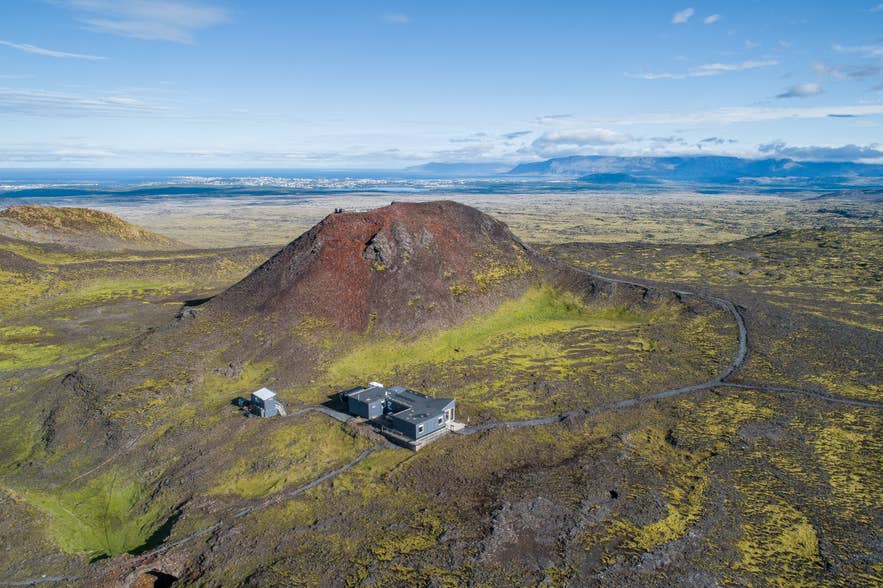 Aerial view of Thrihnukagigur crater and the tour base camp in the Blafjoll lava fields