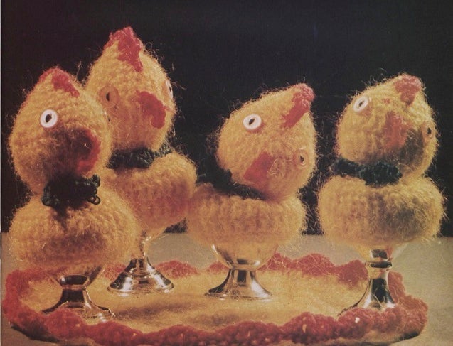 Vintage Icelandic Easter chick decorations on egg cups.