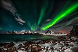 The captivating northern lights create a striking contrast with the snow-capped landscape.