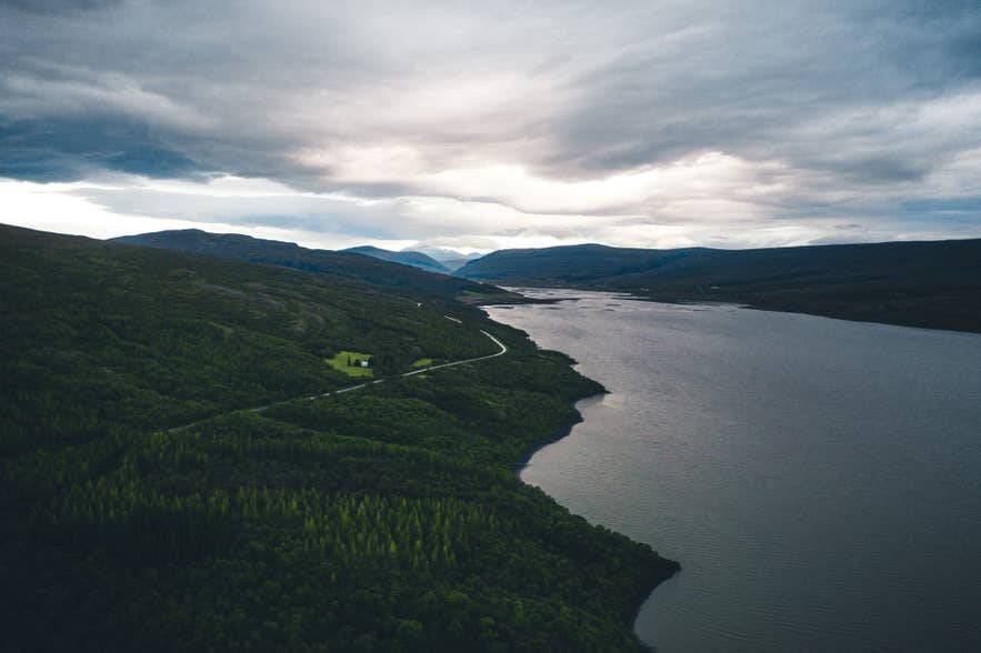 Scenic aerial view of Lagarfljót lake and Hallormsstaðaskógur forest in East Iceland under a moody sky. Scenic aerial view of Lagarfljót lake and Hallormsstaðaskógur forest in East Iceland under a moody sky.