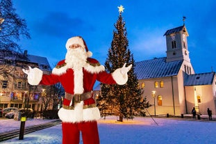 Santa standing in front of a Christmas tree in Iceland.