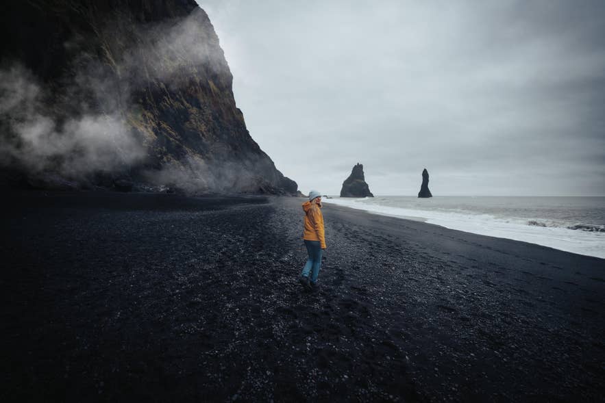 Reynisfjara Black Sand Beach and its basalt columns in South Iceland