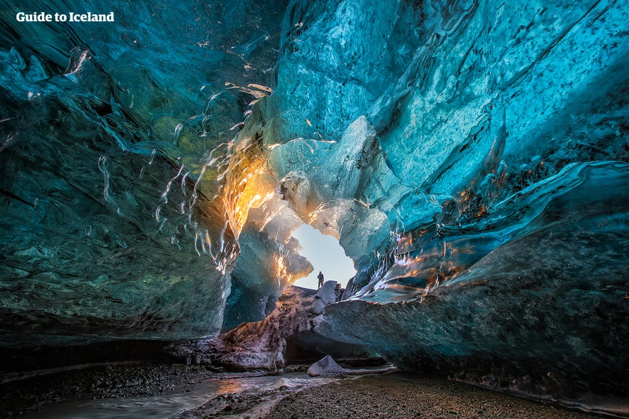 The crystal cave in Iceland has a beautiful blue color.