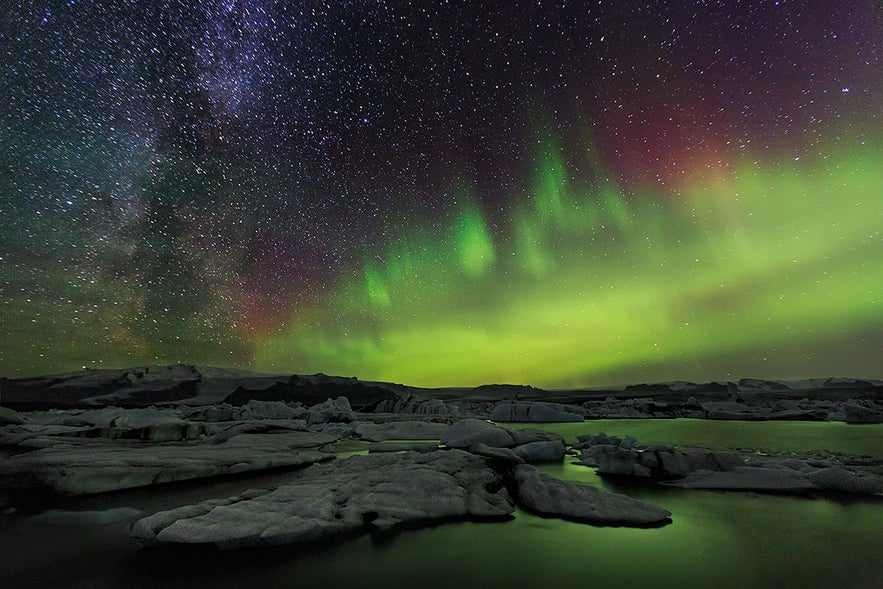 The northern lights seen from Jokulsarlon glacier lagoon are a beauty to witness.