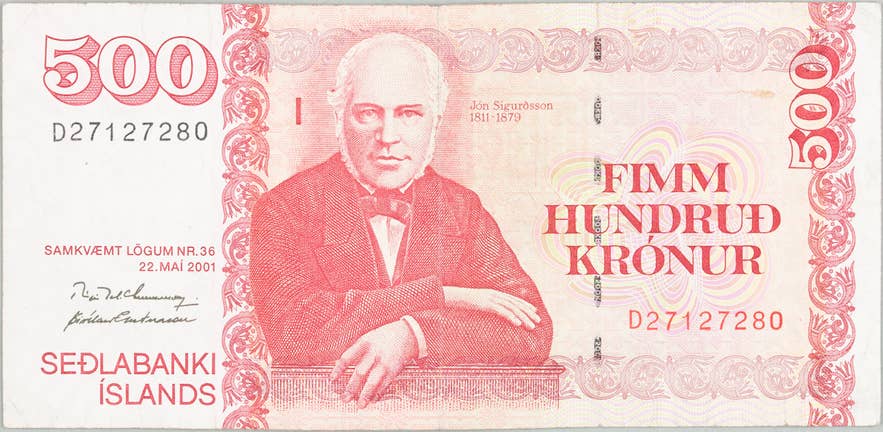 Der 500-Kronen-Schein zeigt Jón Sigurdsson, Islands Unabhängigkeitsheld Der 500-Kronen-Schein zeigt Jón Sigurdsson, Islands Unabhängigkeitsheld