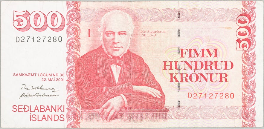The 500 kr&oacute;na banknote features J&oacute;n Sigur&eth;sson, Iceland's hero of independence