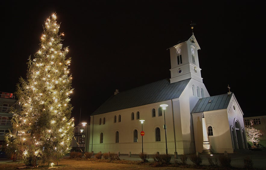 The "Oslo Tree" in Austurvollur square is lit up every December in Reykjavik