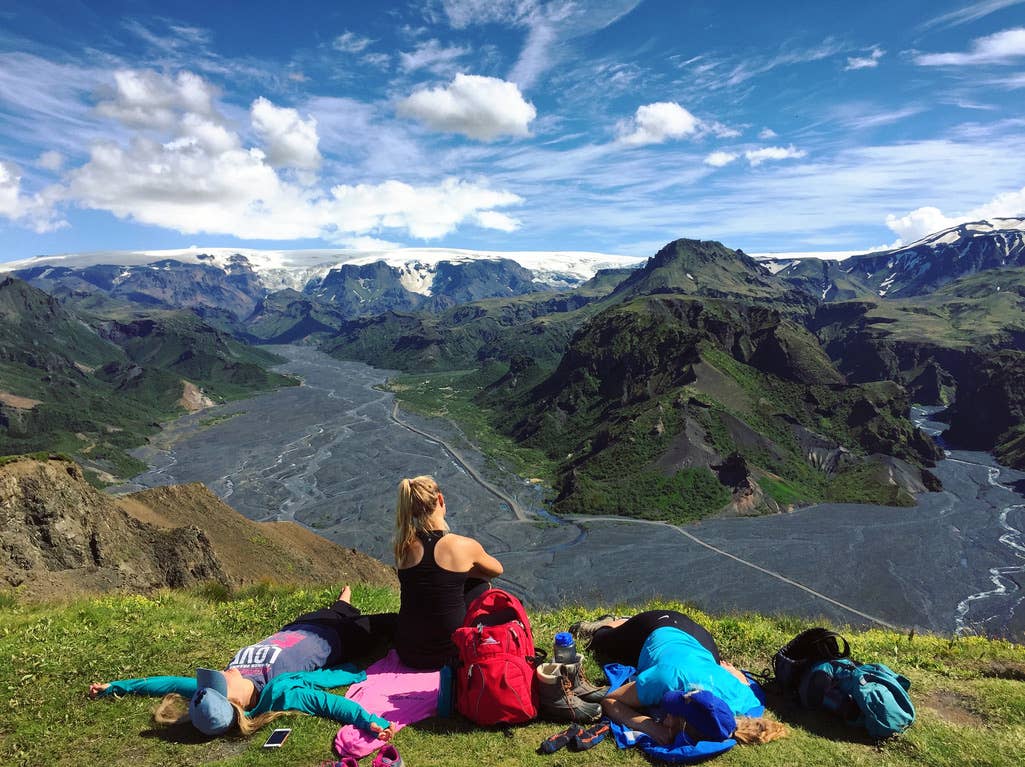 A group of hikers resting atop a mountain in Thorsmork.