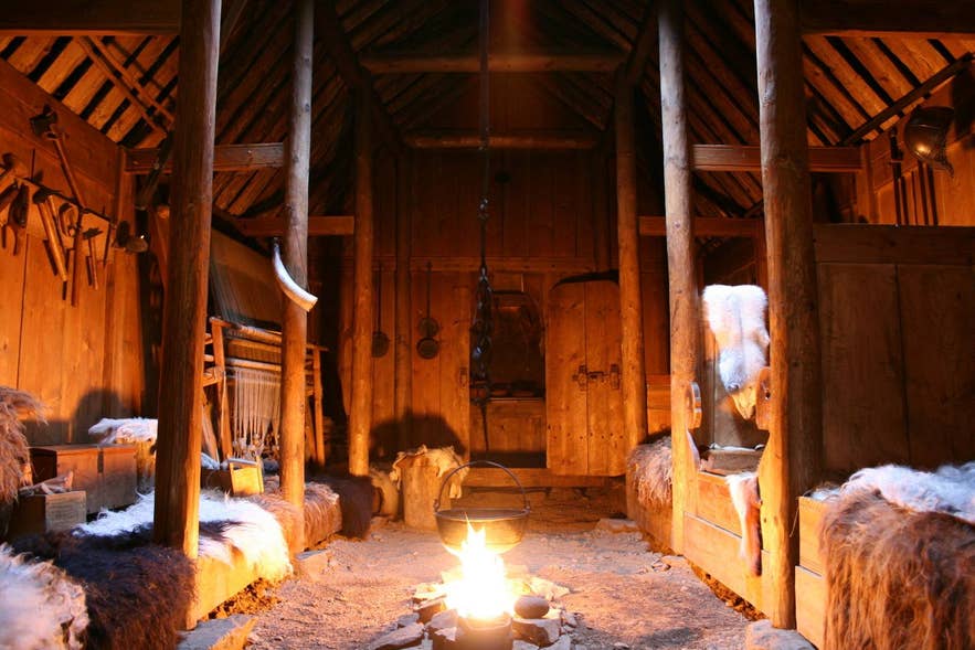 Interior of the Viking longhouse at Eiriksstadir Heritage Site in Iceland