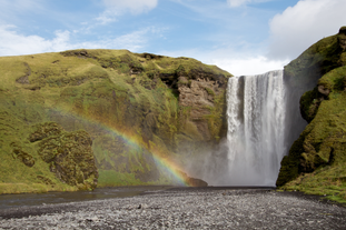 Rainbows are familiar sights around Skogafoss waterfall on the South Coast.