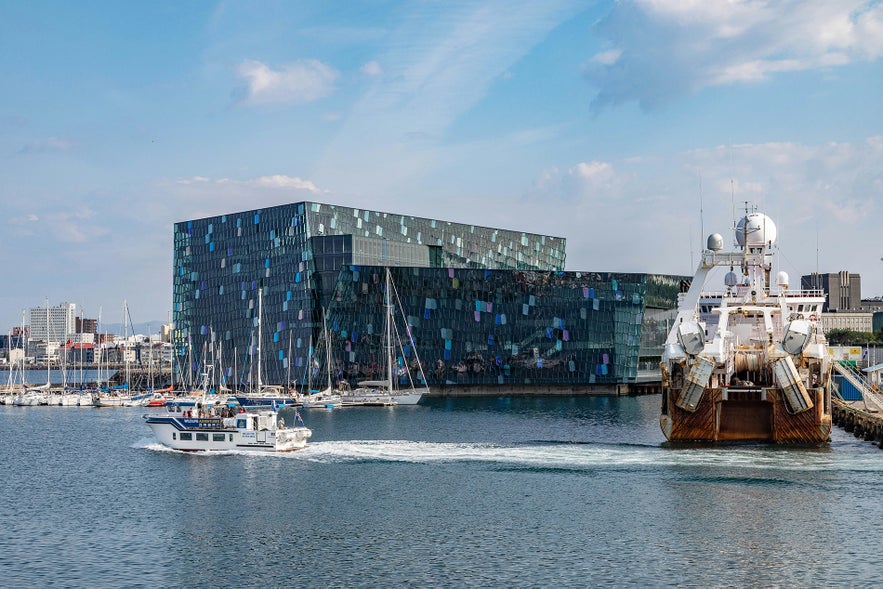 Harpa Concert Hall as seen from a boat from the ocean