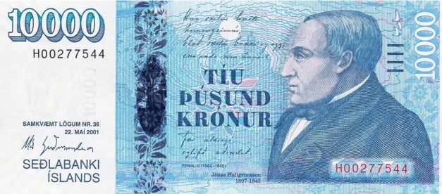 The 10,000 kr&oacute;na banknote featuring J&oacute;nas Hallgr&iacute;msson