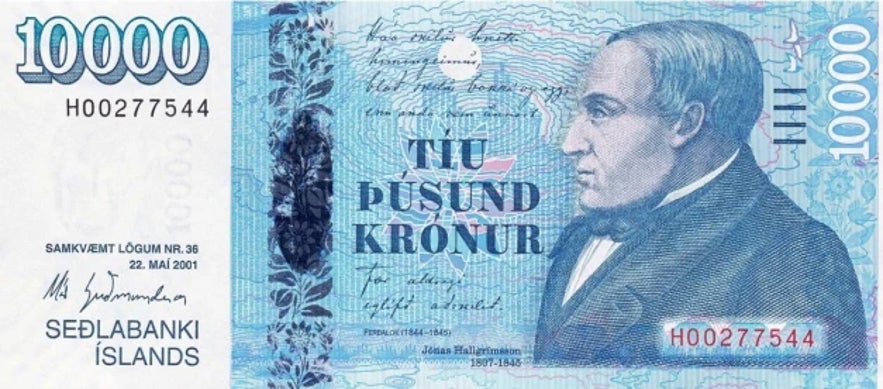 The 10,000 króna banknote featuring Jónas Hallgrímsson