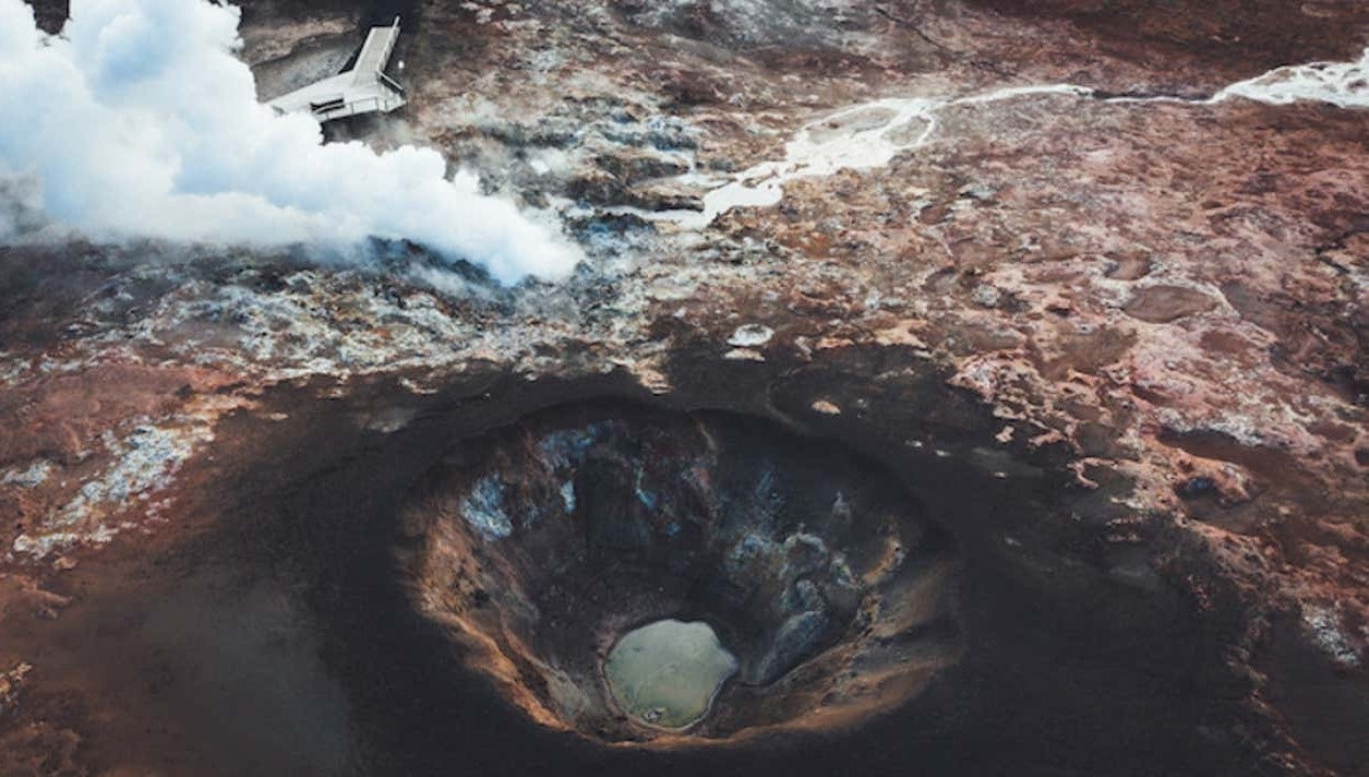 Bird’s-eye view of Reykjanes’ volcanic lava terrain.