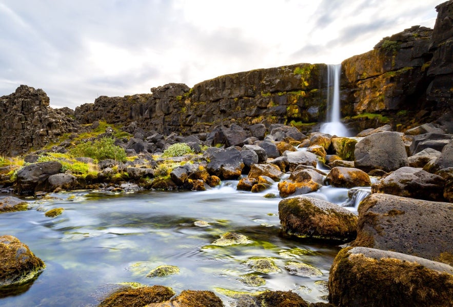 The beautiful Oxararfoss waterfall is located in Thingvellir National Park.