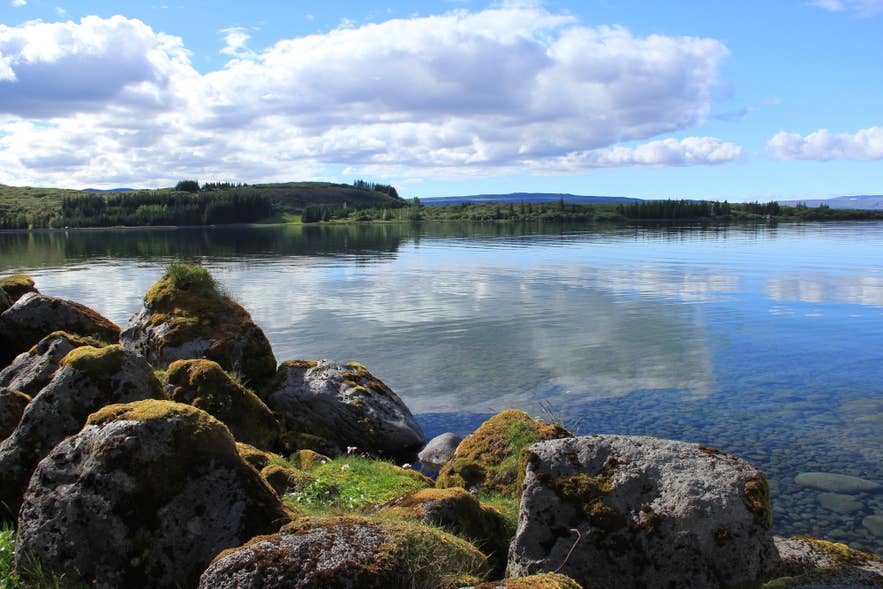 Scenic view of Lake Thingvallavatn in Thingvellir National Park, Iceland, with mossy volcanic rocks and calm waters.
