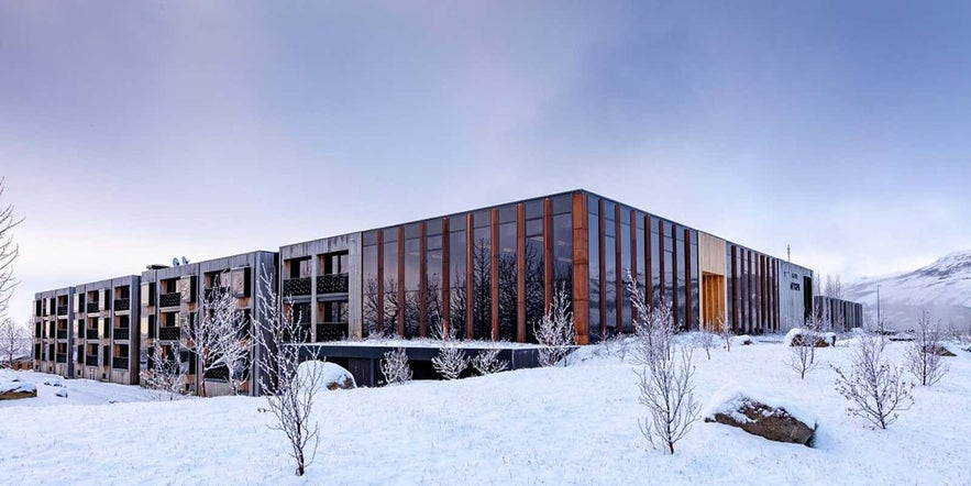 Hotel Geysir near Thingvellir National Park in Iceland, a luxury countryside hotel surrounded by snow in winter.