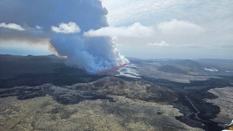 Aerial view of lava flows near the Blue Lagoon on the Reykjanes Peninsula in Iceland.