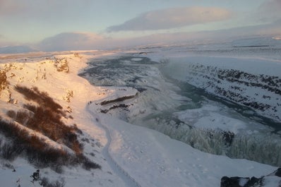 Ice surrounds the Gullfoss waterfall.