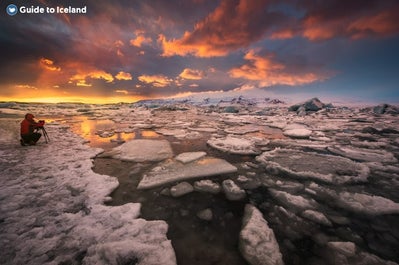 Chunks of ice float on the Jokulsarlon glacier lagoon.