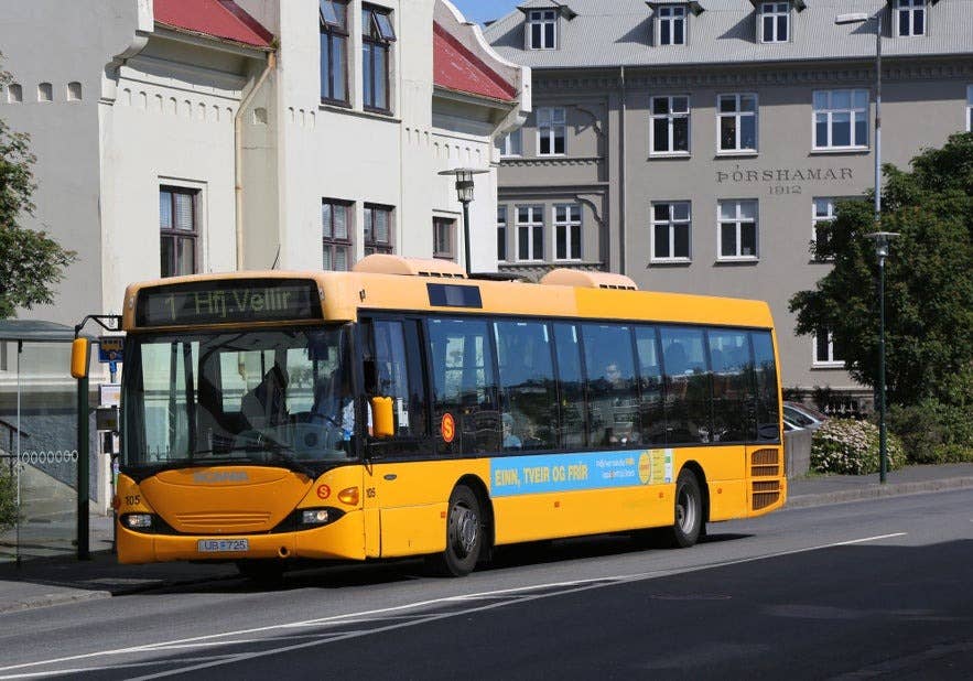 Autobus publiczny Straeto kursujący w Reykjaviku — wygodny sposób poruszania się po stolicy Islandii bez wynajmowania samochodu.