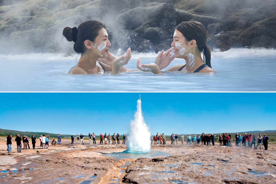 Turyści relaksują się w Blue Lagoon i obserwują erupcję gejzeru Strokkur w dolinie Haukadalur na Islandii.