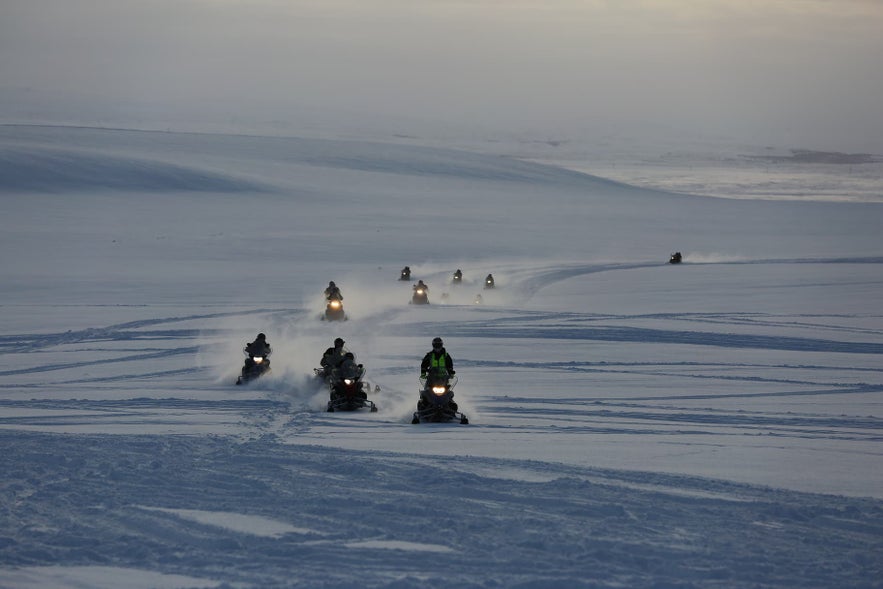 Snowmobiling is a common recreational activity in Iceland.