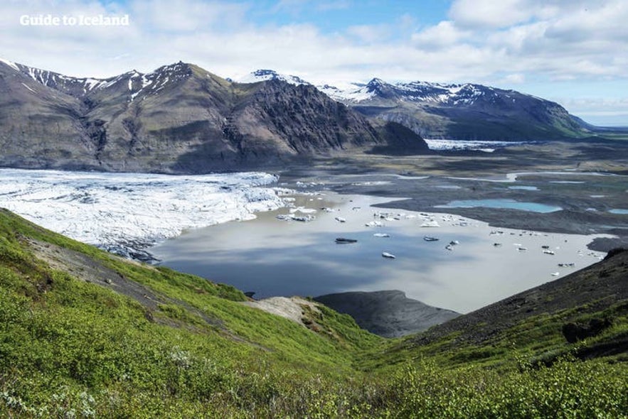 A glacier creeps from a valley in Iceland.