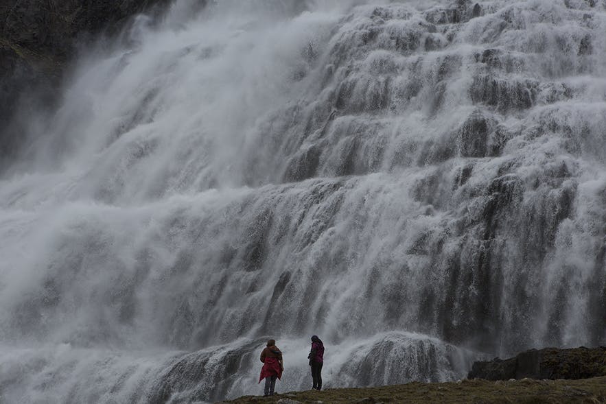 The incredible Dynjandi waterfall on a misty day in the Westfjords.