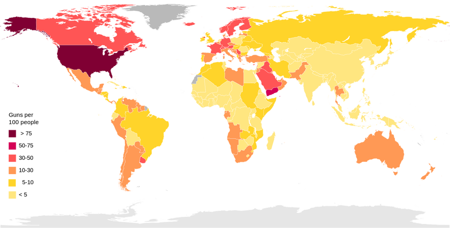 A map of the world colour coded according to how strict the laws on gun ownership are, Iceland is in yellow