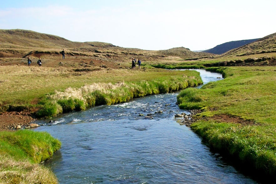 The geothermal valley of Reykjadalur is one of the most popular areas for hot springs bathing.