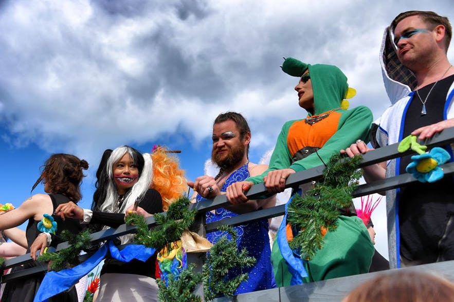 Drag performers on a float at Reykjavik Pride. 