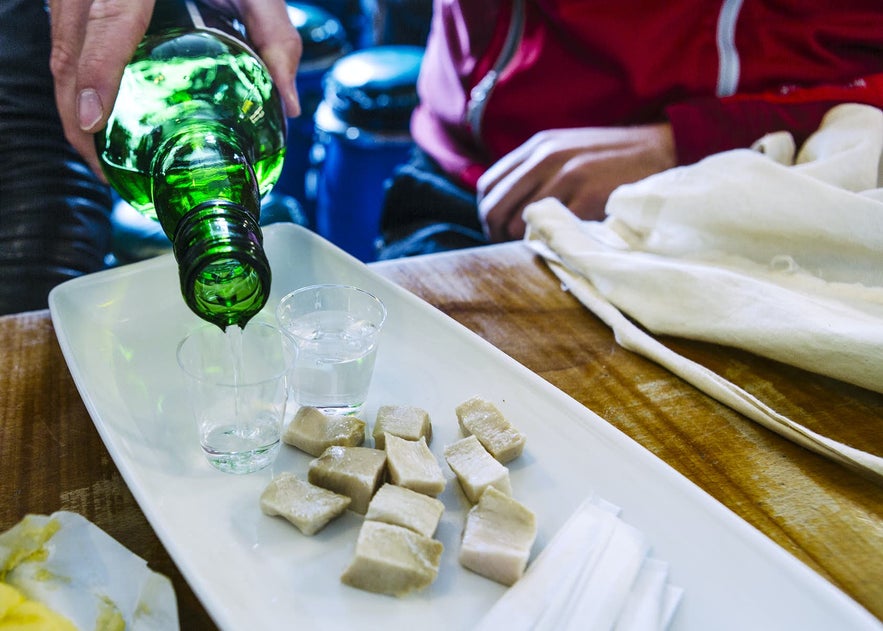 Traditional Icelandic fermented shark cubes (hákarl) served on a white plate with two shots of Brennivín, Iceland’s signature schnapps, being poured from a green bottle.