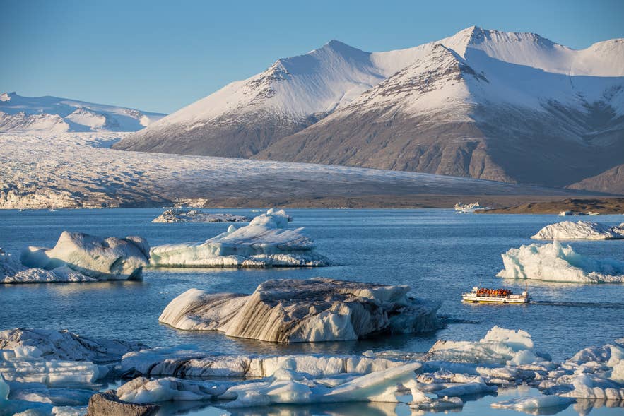 Boat tour on Jokulsarlon Glacier Lagoon with Breidamerkurjokull in the background