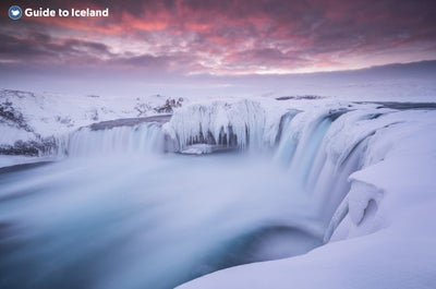 The Godafoss waterfall turns into a winter wonderland.