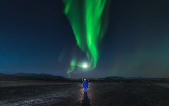 A person in blue jacket stands under vivid green northern lights swirling across the dark sky near Reykjavik.