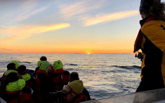 A group on a whale watching tour under the midnight sun during summer in Iceland.