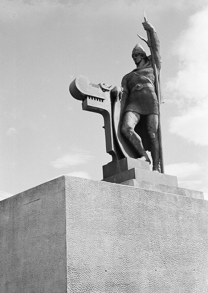 A statue of Ingolfur Arnarson towers over Reykjavik.