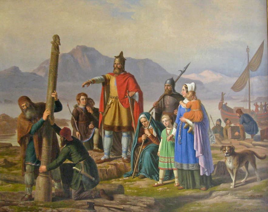 Painting of Ingólfur Arnarson raising his high-seat pillars at the settlement of Iceland in 874.
