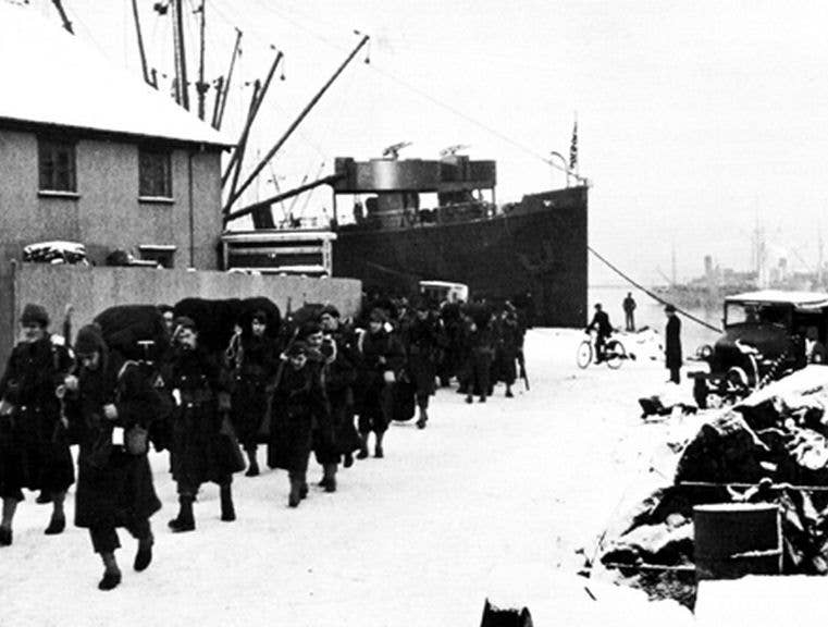 US Army troops disembarking in Reykjavik harbor, January 1942, during the American occupation of Iceland in World War II. US Army troops disembarking in Reykjavik harbor, January 1942, during the American occupation of Iceland in World War II.