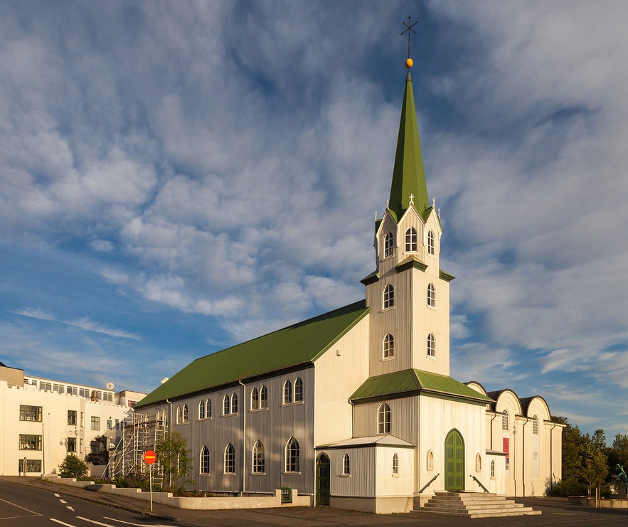 The church differs from most of its Icelandic counterparts in having a green roof, instead of the standard red