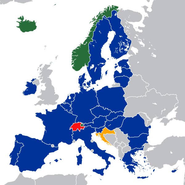 显示属于欧洲经济区(EEA)和欧洲自由贸易联盟(EFTA)国家的地图。