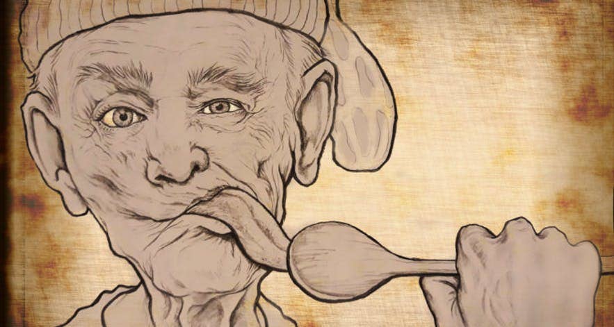 Illustrazione di Leccamestoli, uno degli Yule Lads islandesi con berretto da notte, che lecca un cucchiaio di legno, disegno di Haukur Valdimar Palsson.